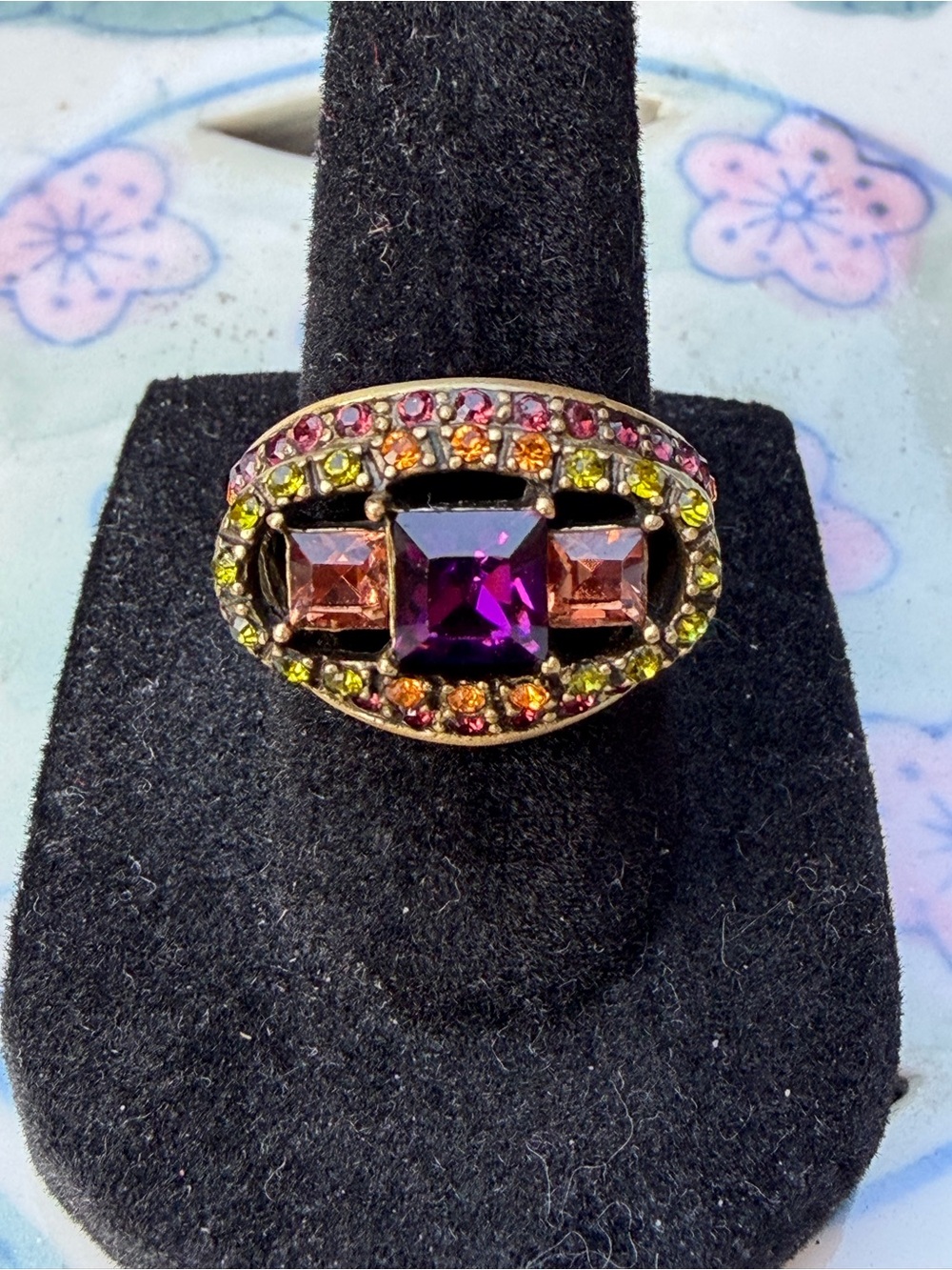 Heidi Daus Amethyst, Amber, and Lime Crystal Statement Cocktail Ring. Size 5 & 7